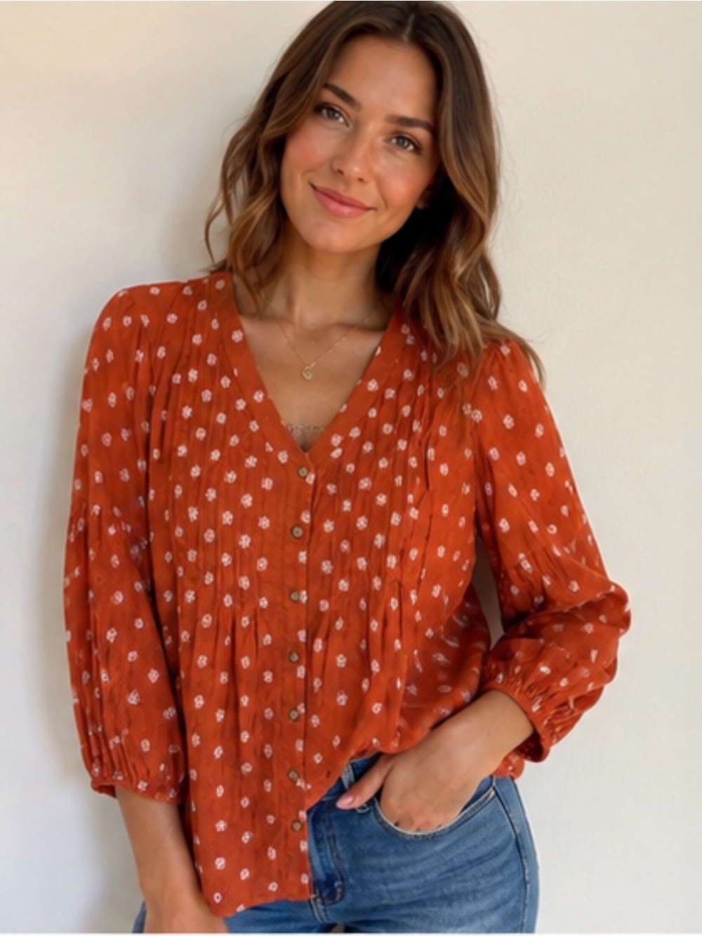 J. Jill Rust Orange Floral V-Neck Button Front Blouse